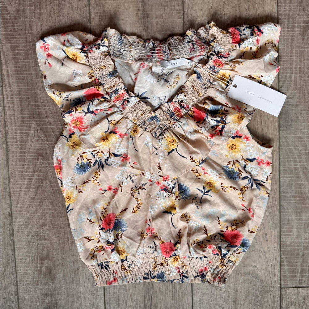 Floral Ruffle Blouse V-Neck Smock Waist Ruffle Boho Cottage Summer Feminine